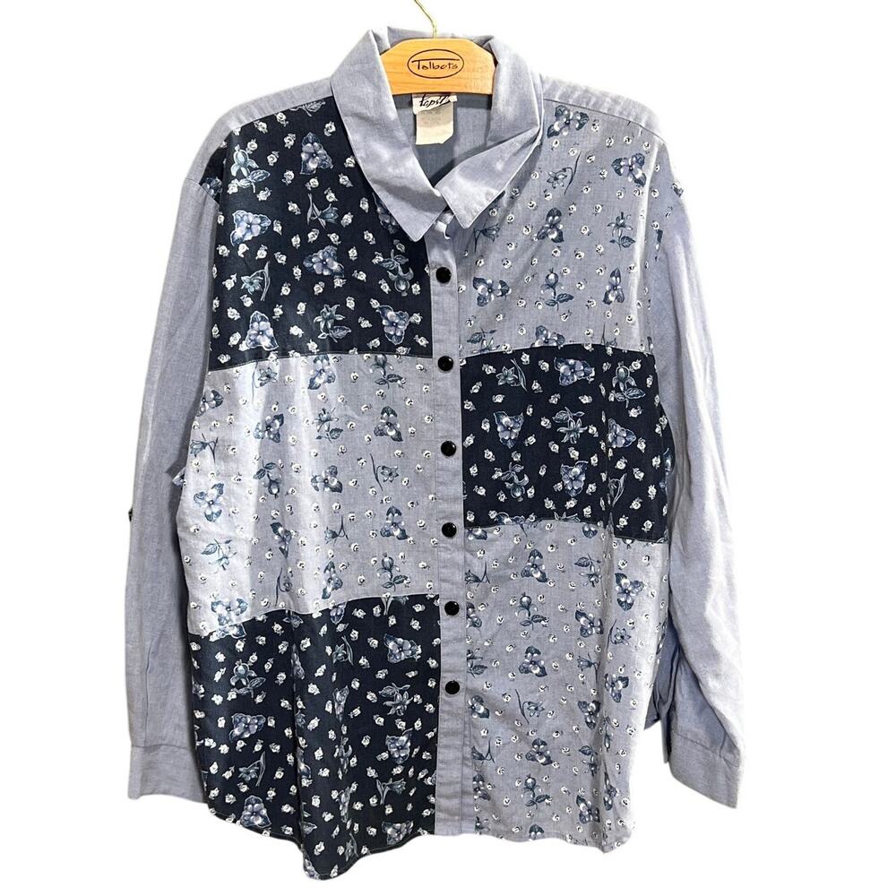 Tap Co. Blue Floral Patchwork Button-Down Shirt Women's 20
